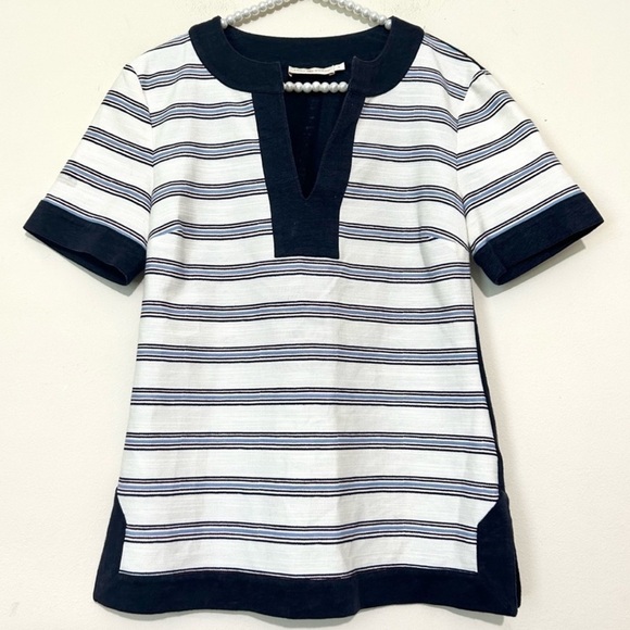 Tory Burch Selda Navy Nautical Stripe Linen Short Sleeve Top SIZE SMALL - Picture 1 of 5